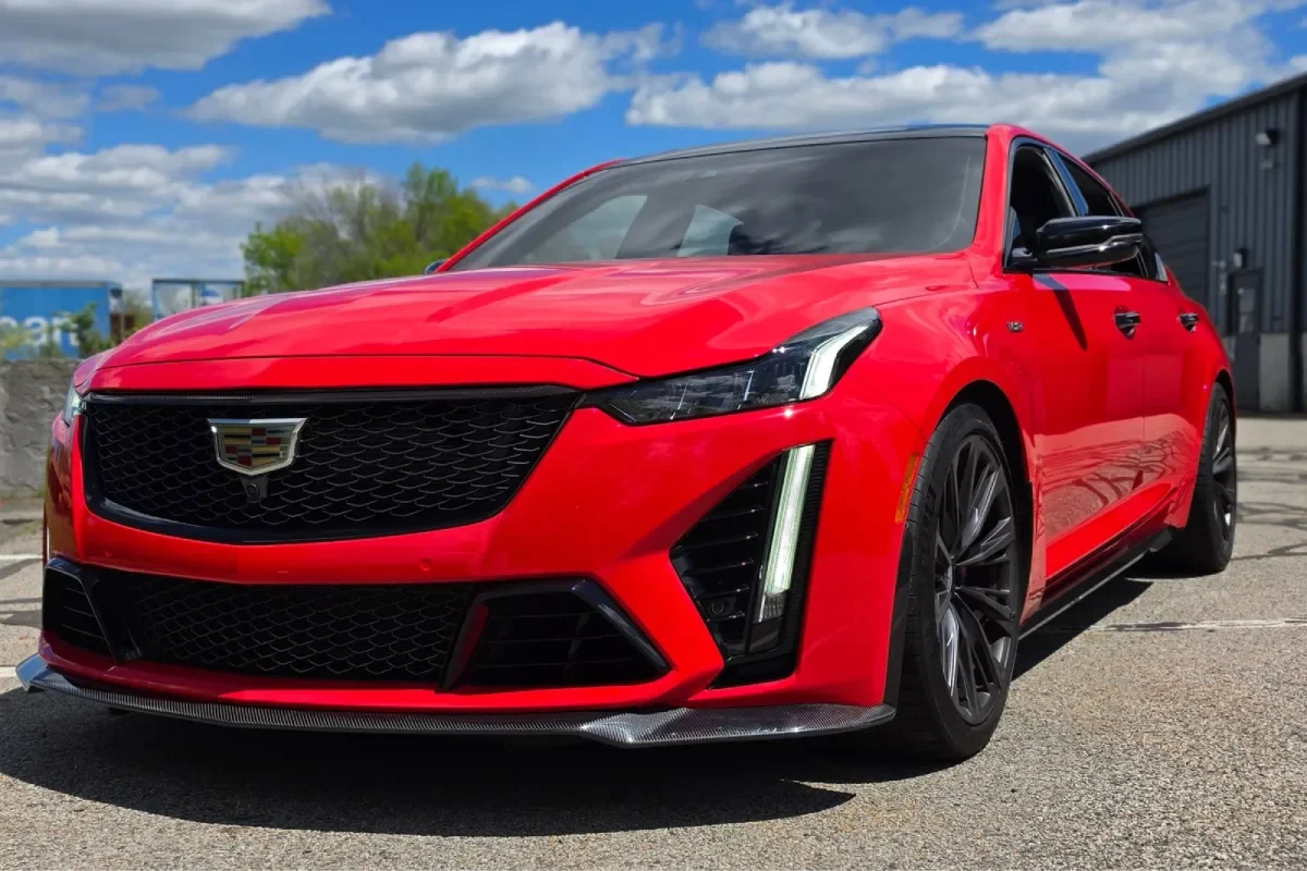Front view of red Cadillac CT5 with paint protection film.