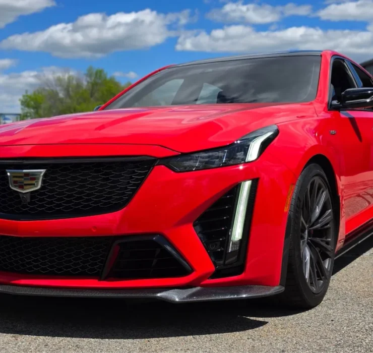 Front view of red Cadillac CT5 with paint protection film.
